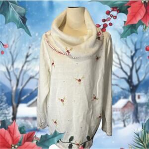 Basic Editions Christmas Cream Red Green Cowl Neck Embroidered Sweater XL